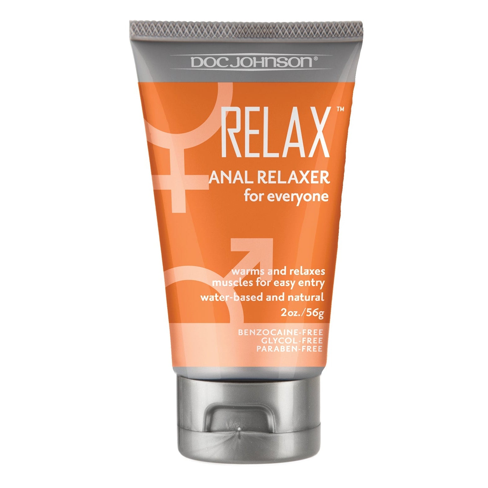 Doc Johnsons Relax Anal Relaxer comes in a 2 oz orange and silver tube, featuring a natural, water-based formula that is free from benzocaine, glycol, and parabens. Designed to relax muscles for easier entry.