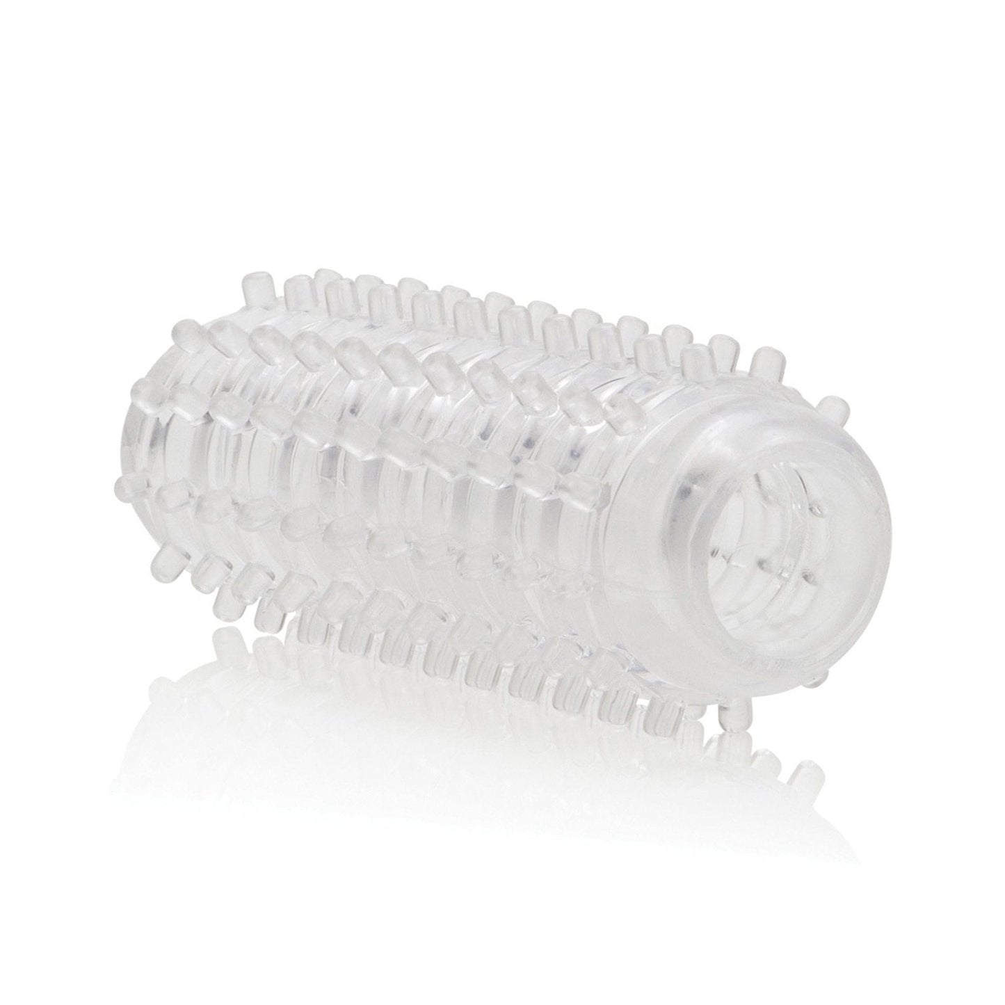 The Reversible Masturbator by Dr. Joel from California Exotic Novelties features a clear, textured silicone sleeve with a cylindrical shape and exterior bumps, offering dual sensations for a versatile experience.