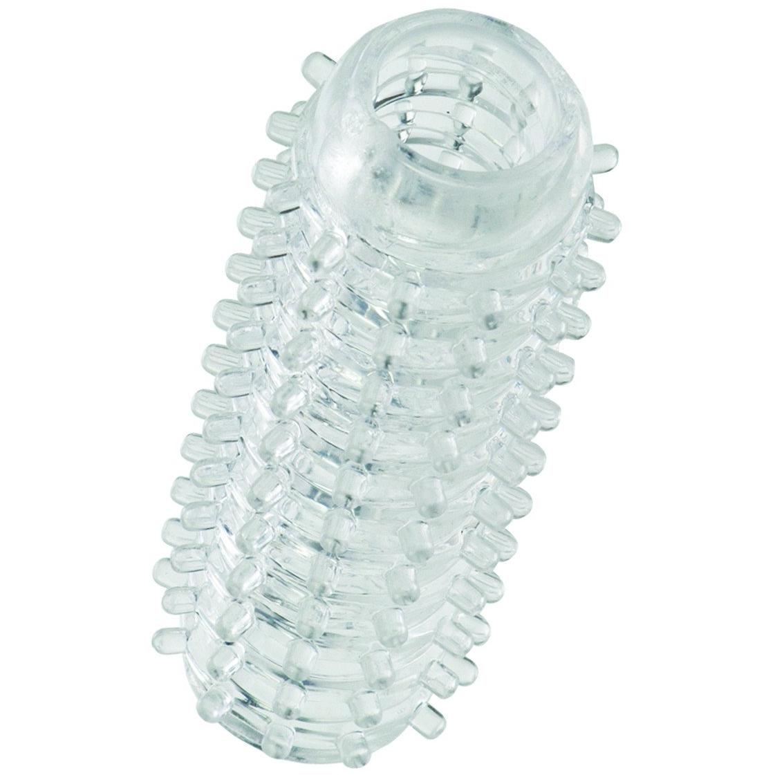 The Reversible Masturbator by Dr. Joel from California Exotic Novelties is a clear, textured cylinder with rounded protrusions, made of transparent, flexible material.