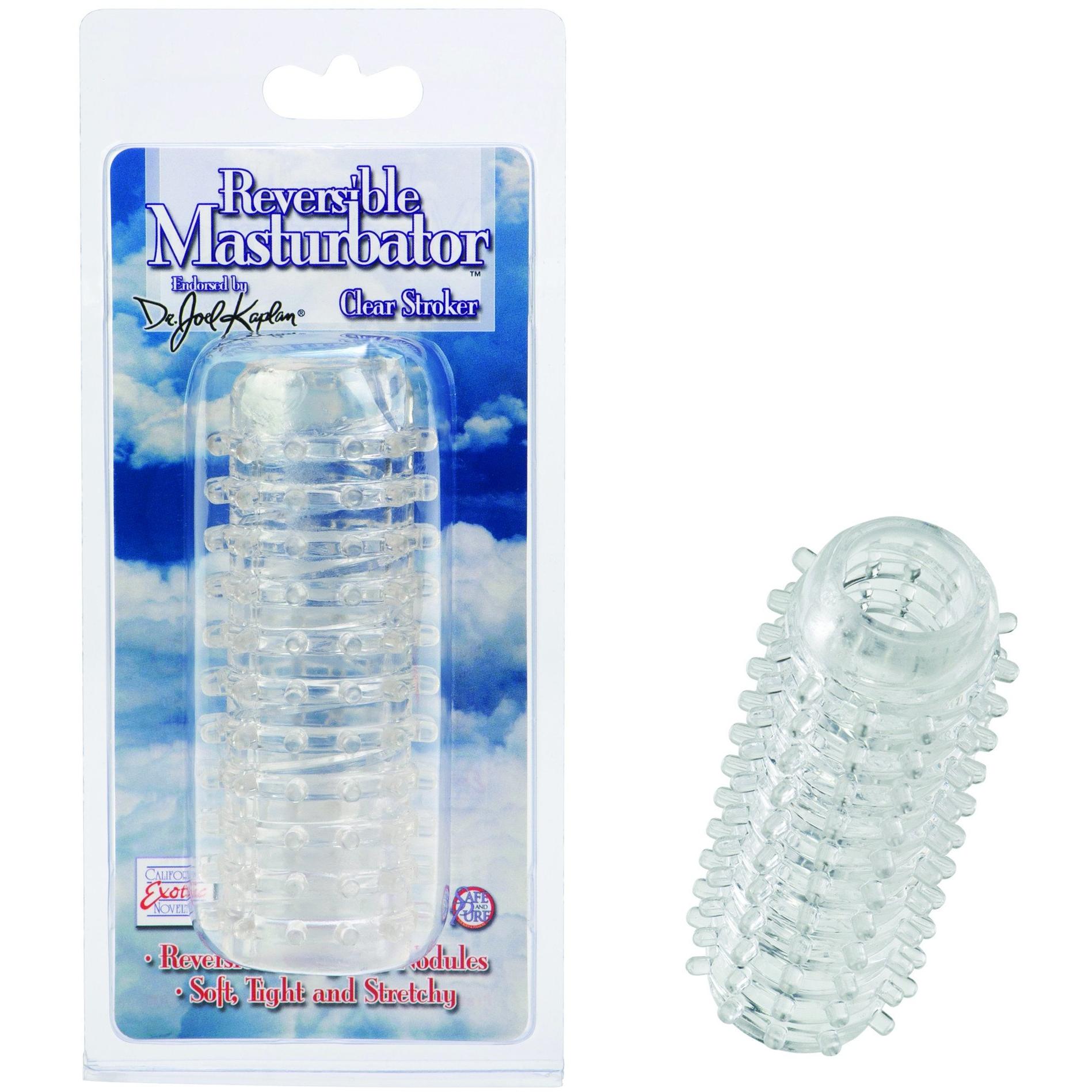 The Reversible Masturbator by Dr. Joel, crafted by California Exotic Novelties, features packaging with a cloudy sky background, the product image, and text promoting its incredible texture and reversibility.