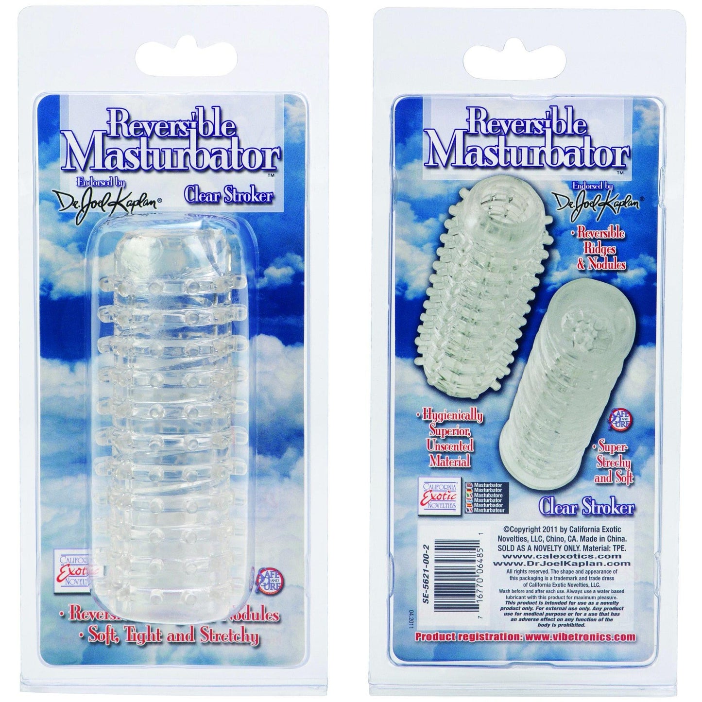 Two packages of the Reversible Masturbator by Dr. Joel from California Exotic Novelties feature transparent textured sleeves and packaging with blue sky and cloud imagery.