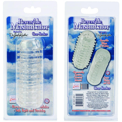 Two packages of the Reversible Masturbator by Dr. Joel from California Exotic Novelties feature transparent textured sleeves and packaging with blue sky and cloud imagery.