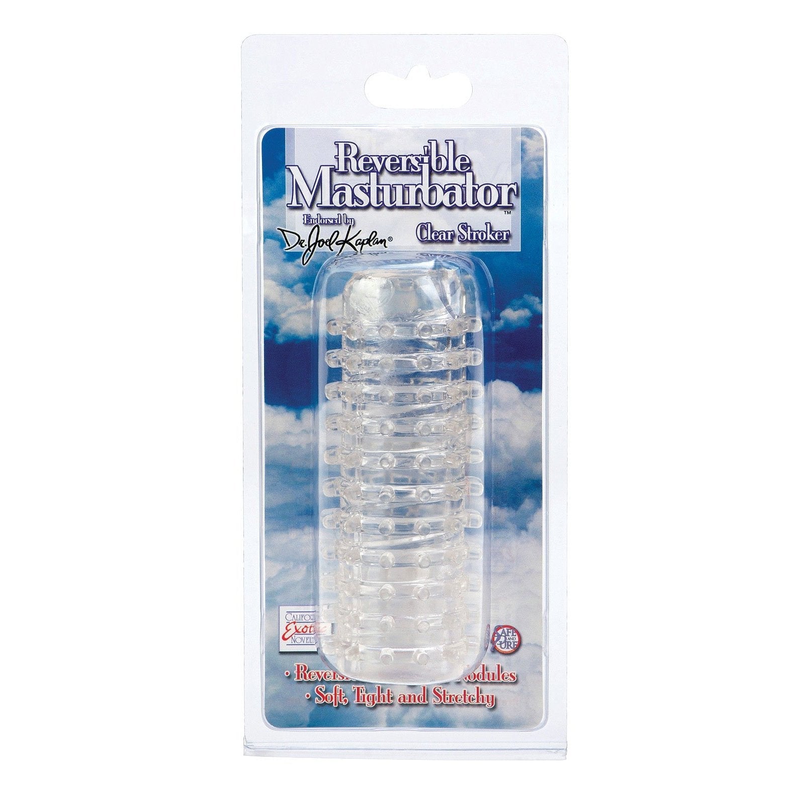 The Reversible Masturbator by Dr. Joel from California Exotic Novelties features packaging with a clear stroker design on a sky-themed background, highlighting its reversibility and soft, stretchy material endorsed by Dr. Joel Kaplan for enhanced pleasure.