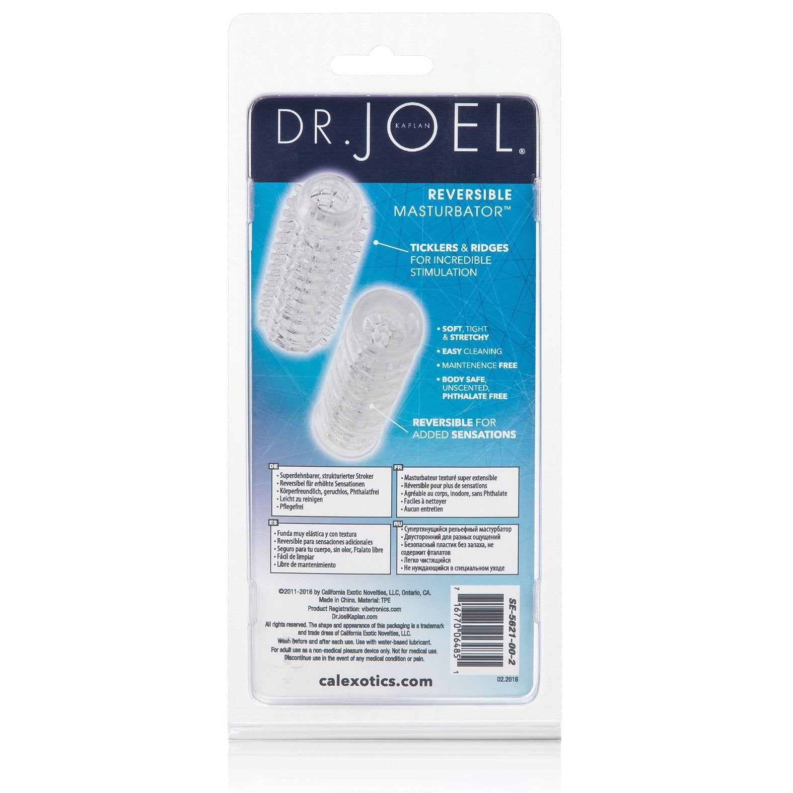 The clear plastic packaging showcases California Exotic Novelties Reversible Masturbator by Dr. Joel, highlighting its softness, effectiveness, and reversibility for enhanced sensations. Set against a white background, it stands out with detailed descriptions of its benefits.
