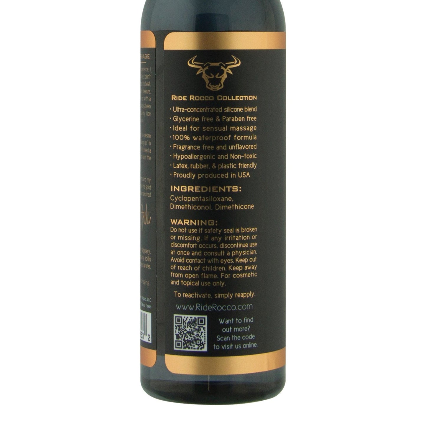 A bottle featuring a black label showcases the benefits and ingredients of Ride Rocco Silicone Lube, along with a waterproof silicone blend warning. It includes a QR code and the Ride Rocco logo with a bulls head at the top, all in English.