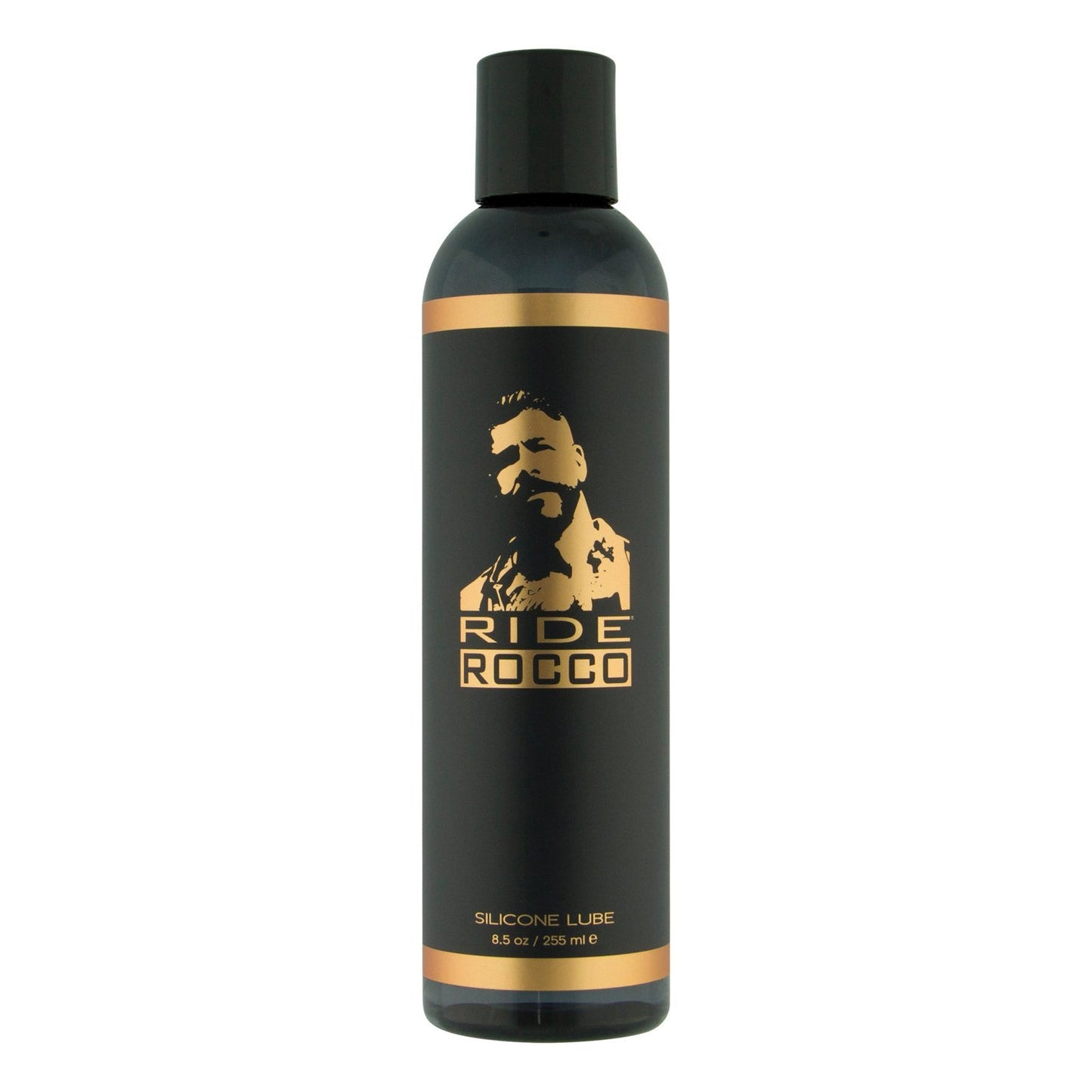 The 8.5 oz black bottle of Ride Rocco Silicone Lube by Ride Rocco features a silhouette design with gold stripes and contains a waterproof silicone blend for a long-lasting experience.