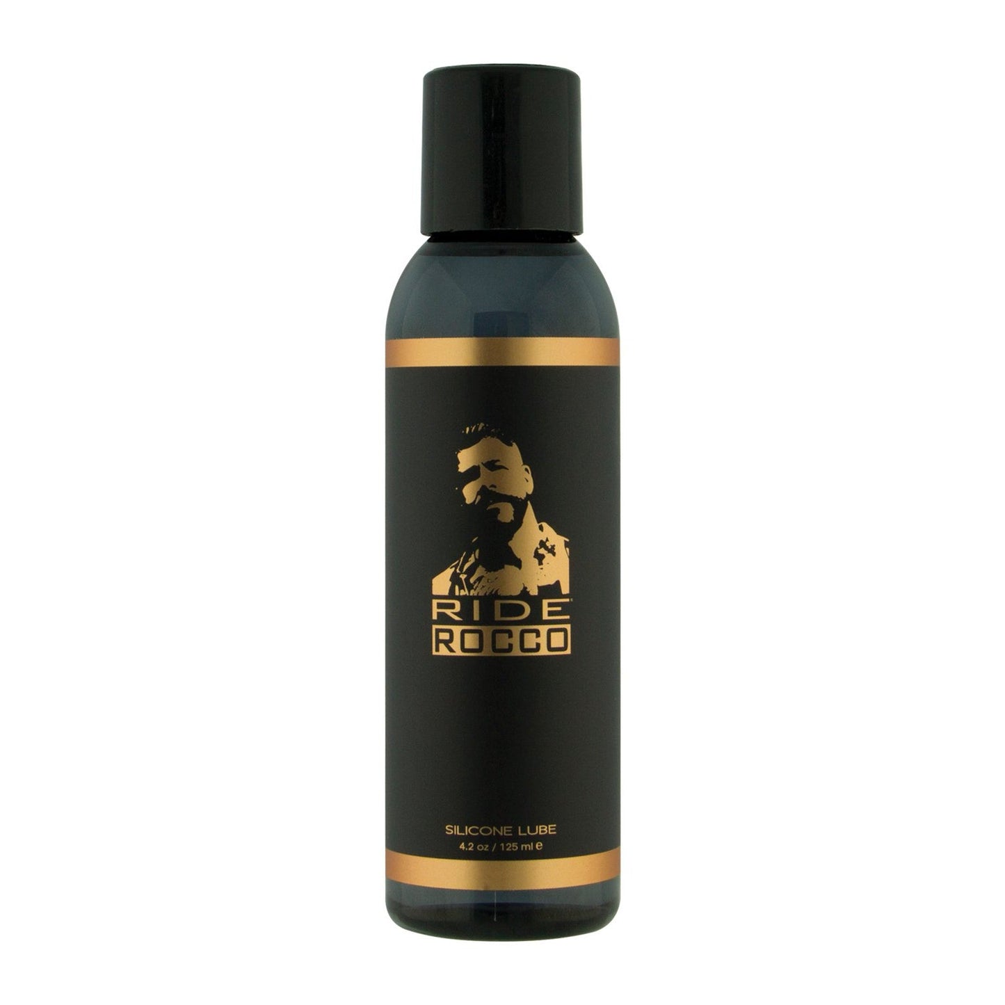 The Ride Rocco Silicone Lube features a stylish black and gold design with a mans silhouette. This durable, long-lasting 4.2 oz (125 ml) waterproof silicone blend ensures optimal performance.