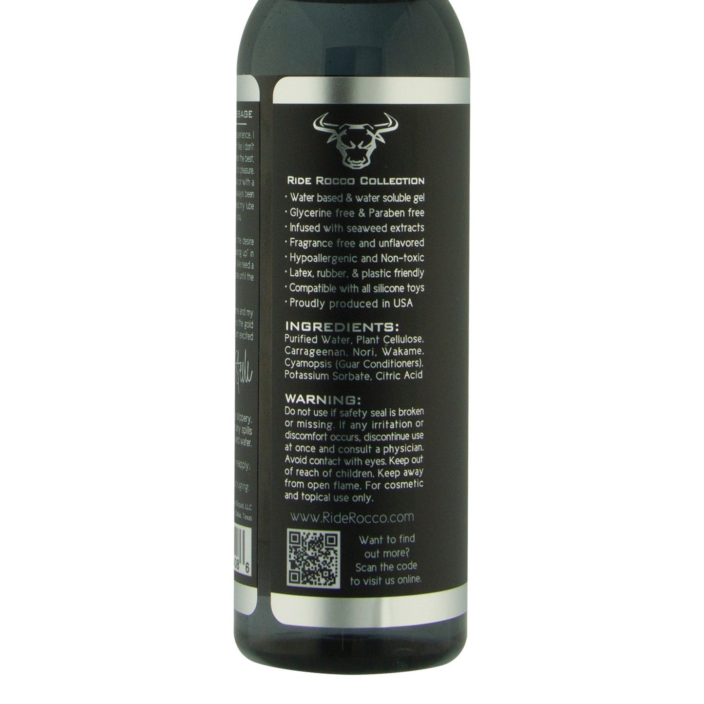 The Ride Rocco Water Based Lube bottle is black with white text and a bull logo, detailing its long-lasting formula and natural seaweed extracts. It features ingredients, a warning, and a QR code; the cylindrical bottle has a white cap.