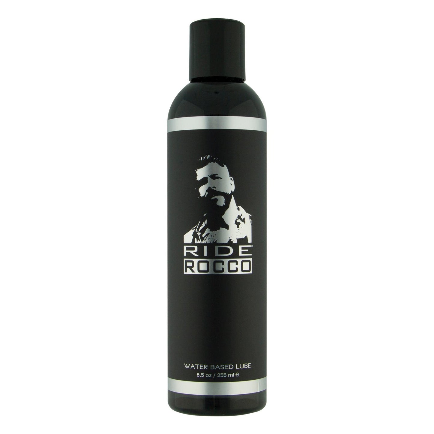 The black Ride Rocco Water Based Lube bottle, 8.5 oz (256 ml), features a long-lasting formula and a label with a grayscale image and bold white product name, emphasizing its natural seaweed extracts.