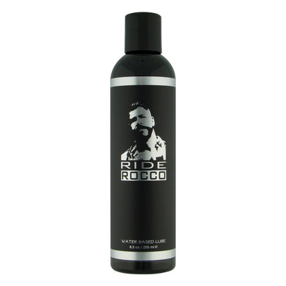 The black Ride Rocco Water Based Lube bottle, 8.5 oz (256 ml), features a long-lasting formula and a label with a grayscale image and bold white product name, emphasizing its natural seaweed extracts.
