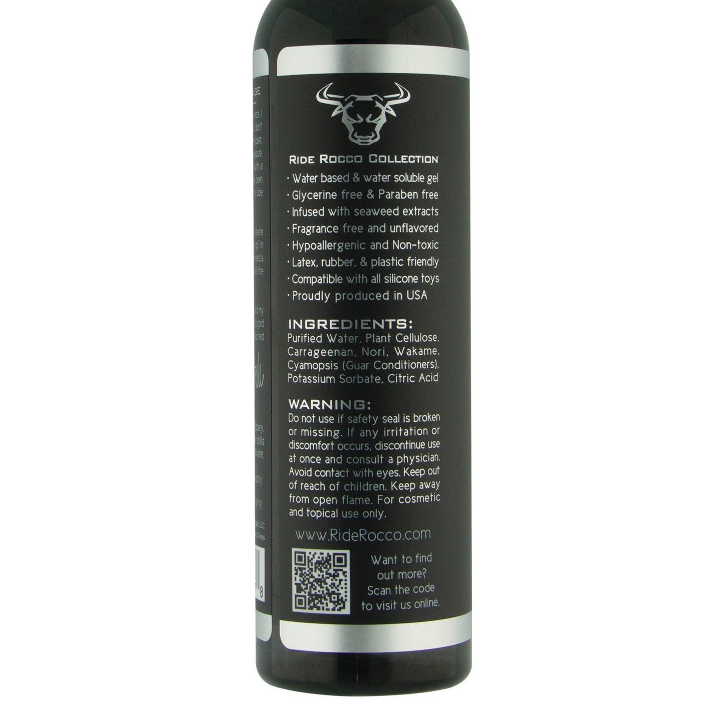 Close-up of the Ride Rocco Water Based Lube label from the Ride Rocco Collection highlights features like paraben-free and seaweed extract for longevity. Includes a QR code, website URL, ingredients list, and warning.