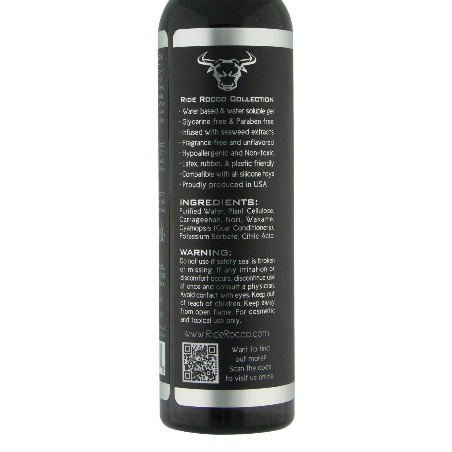 Close-up of the Ride Rocco Water Based Lube label from the Ride Rocco Collection highlights features like paraben-free and seaweed extract for longevity. Includes a QR code, website URL, ingredients list, and warning.