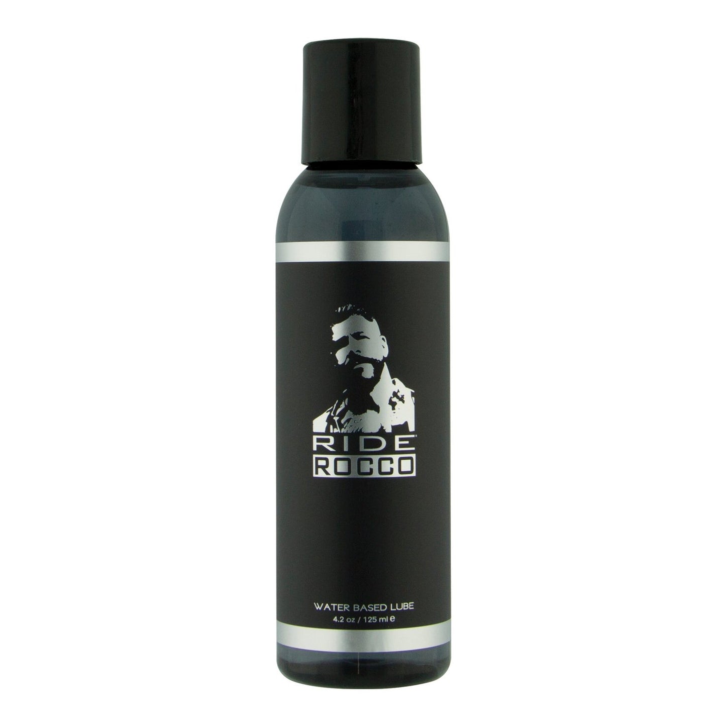 The 4 oz black bottle of Ride Rocco Water Based Lube features a silhouetted figure on the label, contains a long-lasting formula enriched with natural seaweed extracts, and comes with a sleek black cap.