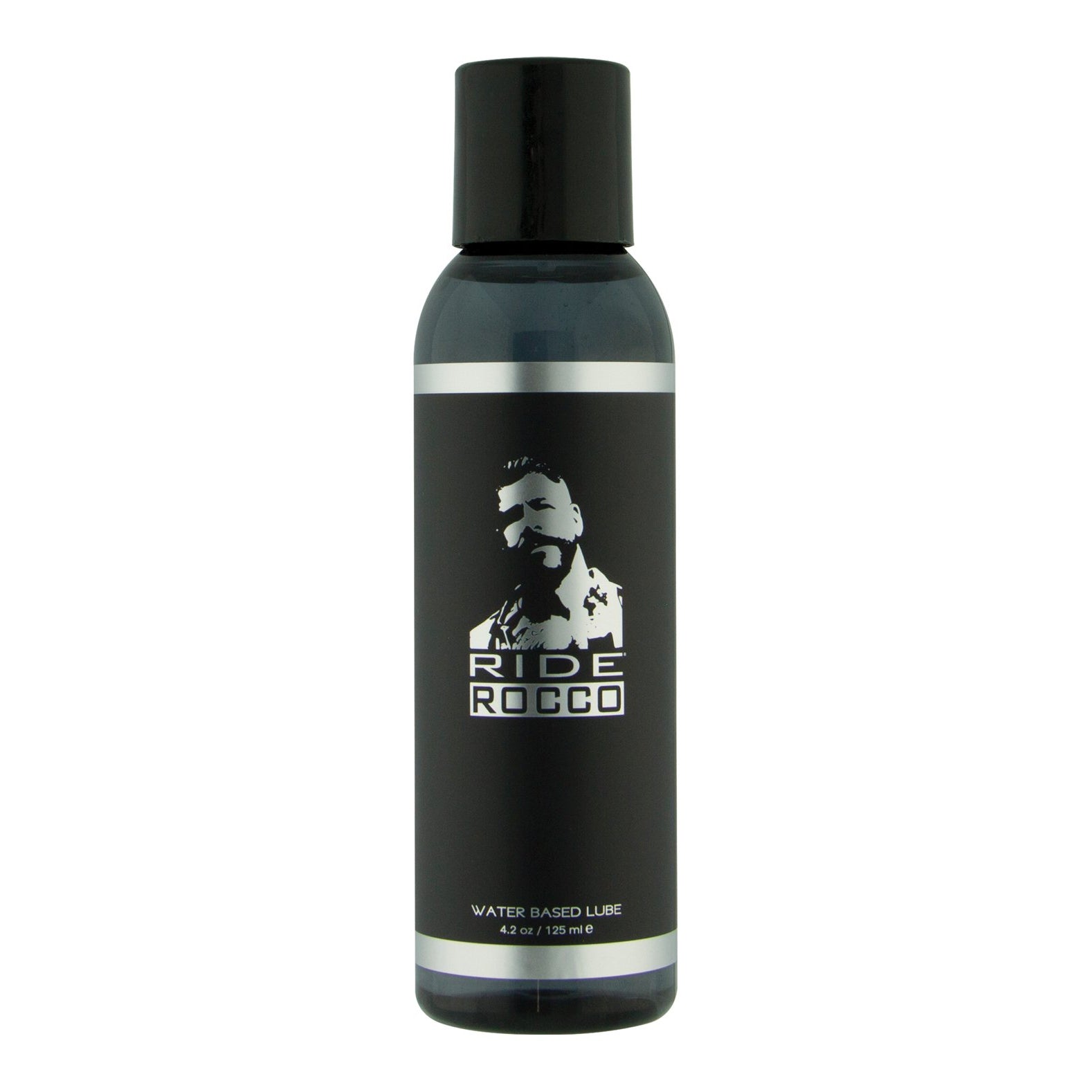 The 4 oz black bottle of Ride Rocco Water Based Lube features a silhouetted figure on the label, contains a long-lasting formula enriched with natural seaweed extracts, and comes with a sleek black cap.