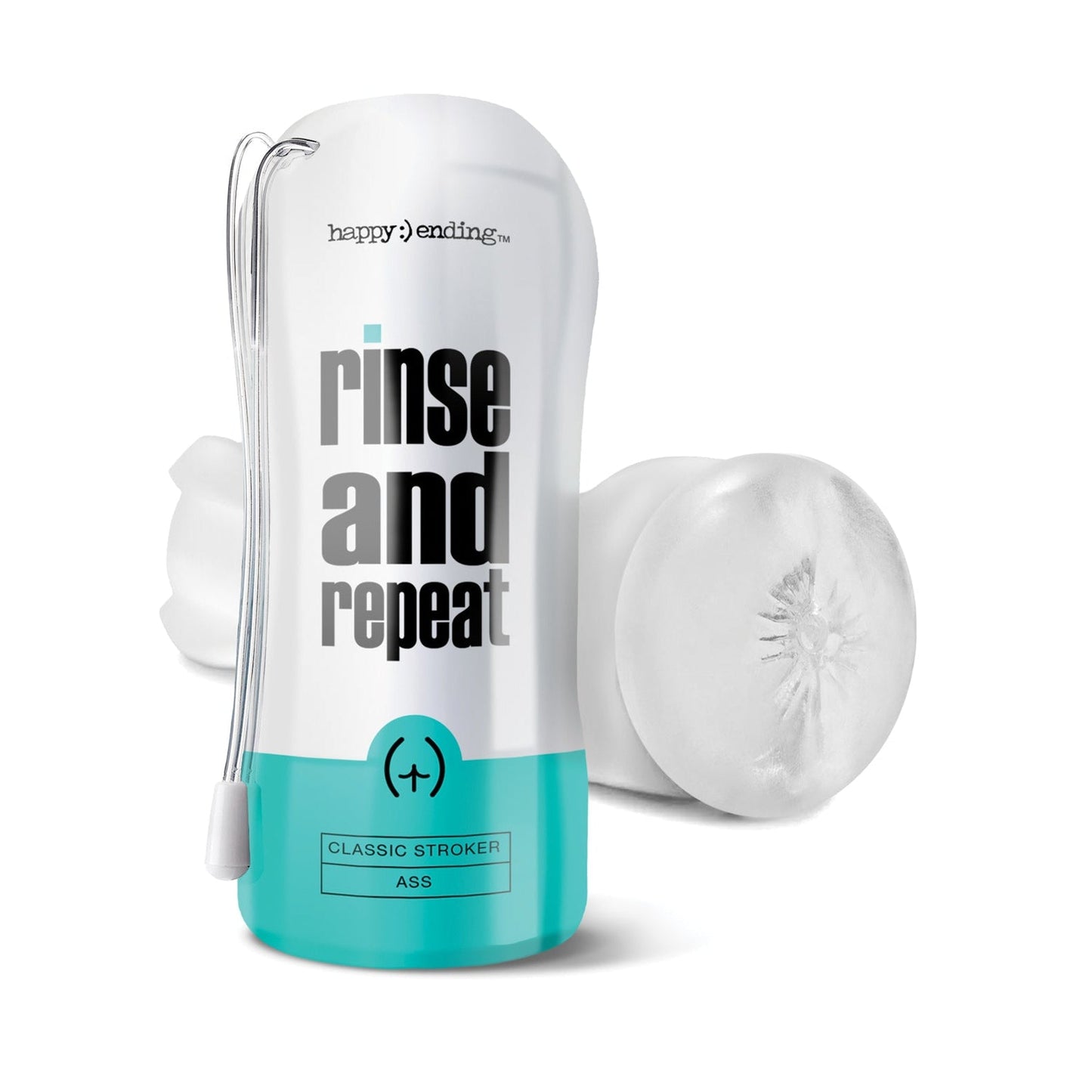 A cylindrical package labeled Happy :) Ending Rinse & Repeat Classic Ass with a teal base and white top sits beside a stretchy, transparent plastic textured sleeve, designed for the ultimate masturbator experience.