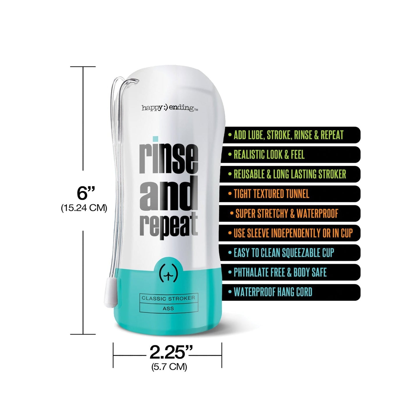 The Rinse & Repeat Classic Ass by Happy :) Ending is a white and teal cylindrical masturbator featuring a waterproof, phthalate-free build, tight textured stretchy tunnel for easy cleaning. Dimensions: 6 height and 2.25 width.