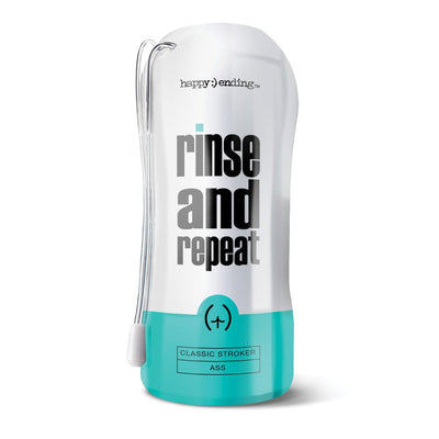 Happy Ending Rinse & Repeat Classic Ass stroker cup: white and teal squeezable cup with a clear hang cord running down the side.