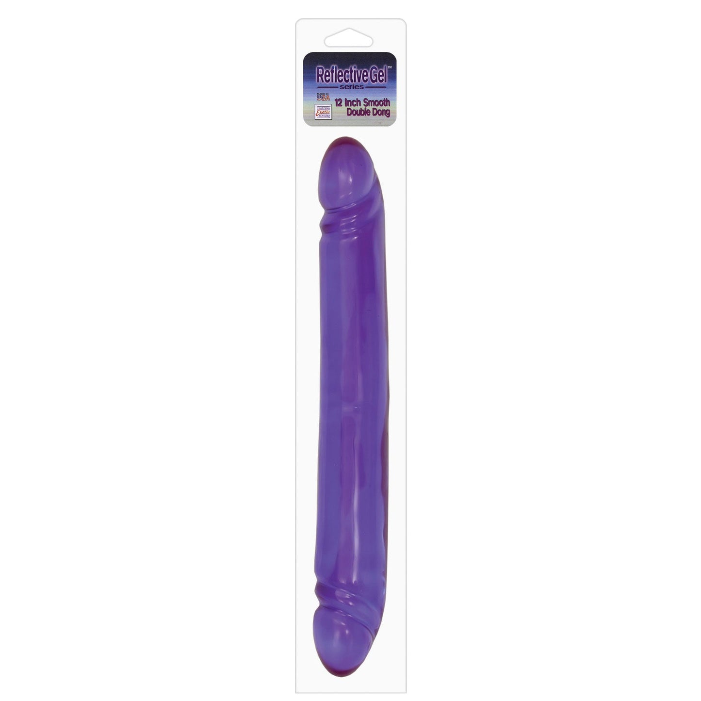 The 12 Reflective Gel Smooth Double Dong by California Exotic Novelties is a seamless, purple double-ended dildo packaged vertically in clear plastic, with a label at the top, designed exclusively for adult use.