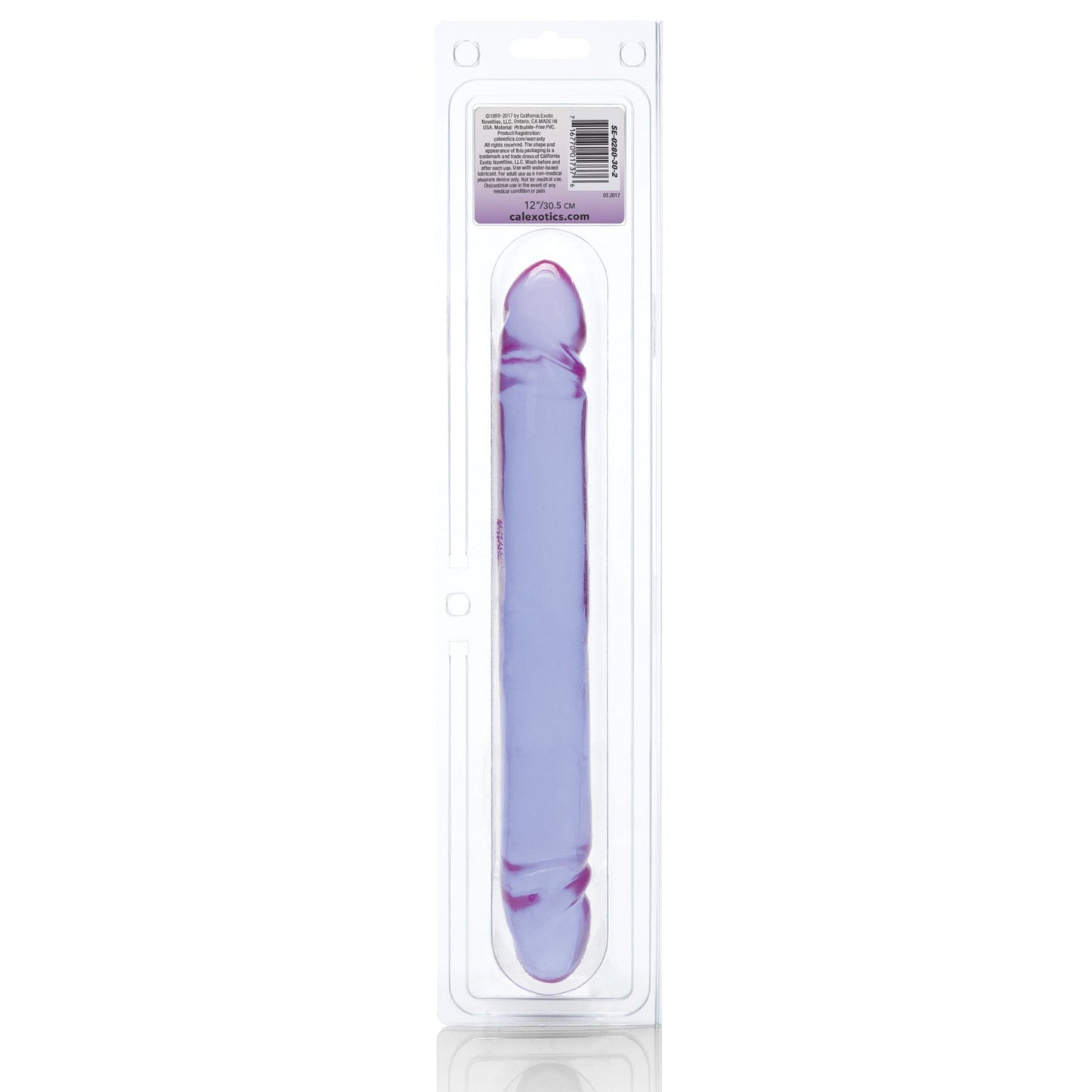 The image shows the 12 Reflective Gel Smooth Double Dong by California Exotic Novelties, a purple, elongated object in clear plastic packaging. It has rounded ends, a wavy pattern with a seamless design, and features a hang tab at the top.