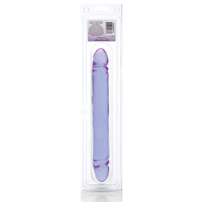 The image shows the 12 Reflective Gel Smooth Double Dong by California Exotic Novelties, a purple, elongated object in clear plastic packaging. It has rounded ends, a wavy pattern with a seamless design, and features a hang tab at the top.