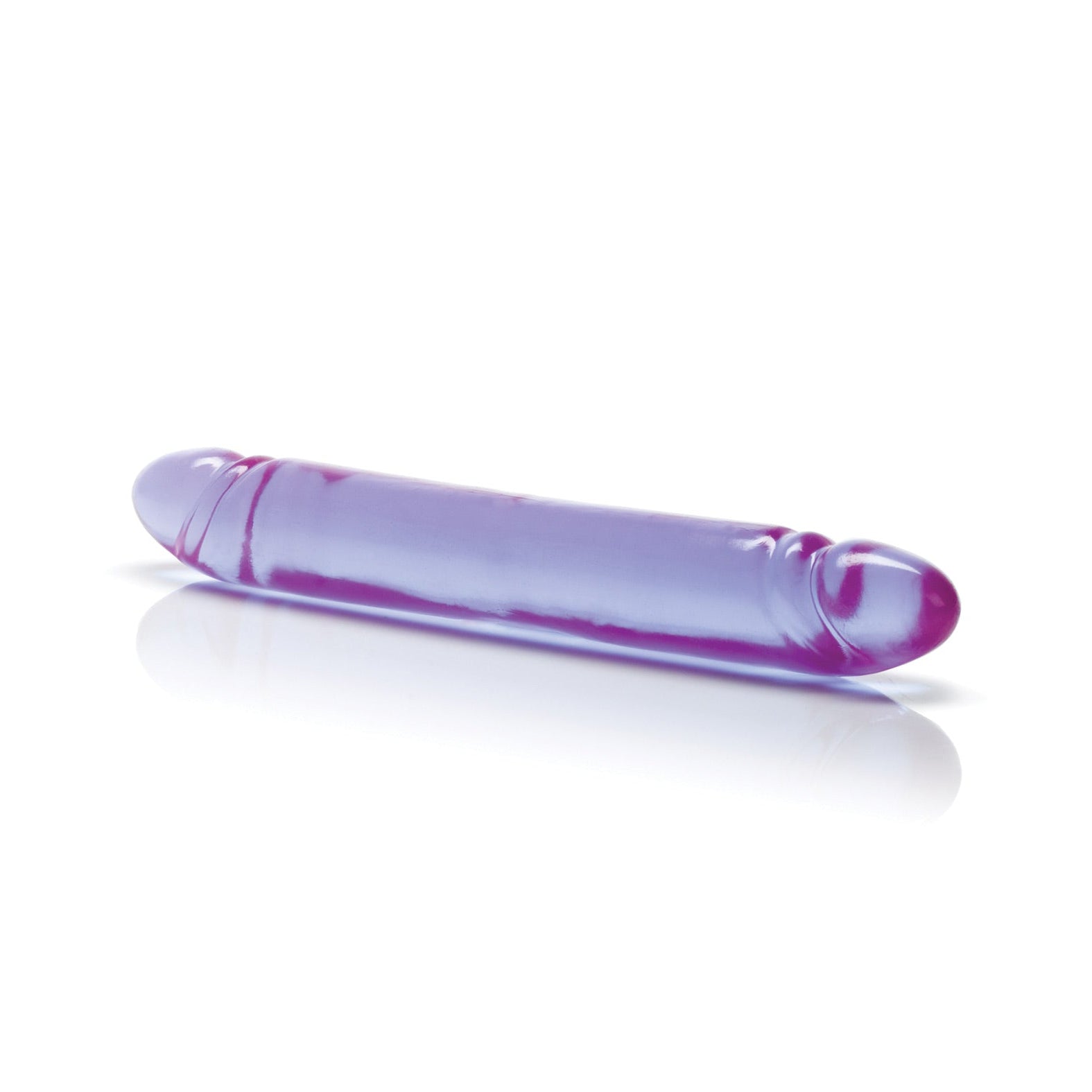 The 12 Reflective Gel Smooth Double Dong by California Exotic Novelties features a seamless design with smooth, rounded ends and a cylindrical shape, evoking the appearance of a purple glass object lying horizontally on a reflective white surface.