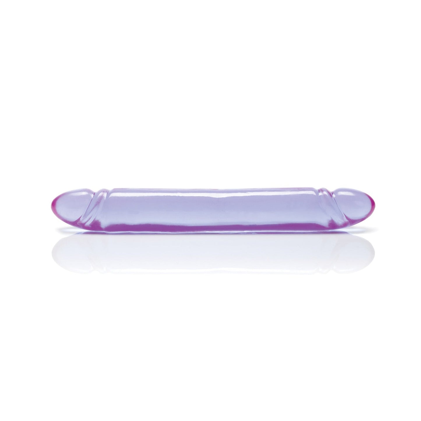 A 12 Reflective Gel Smooth Double Dong by California Exotic Novelties, featuring a seamless translucent purple design, rests horizontally against a white background.