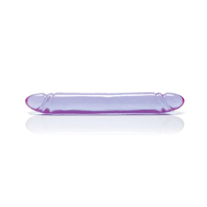 A 12 Reflective Gel Smooth Double Dong by California Exotic Novelties, featuring a seamless translucent purple design, rests horizontally against a white background.