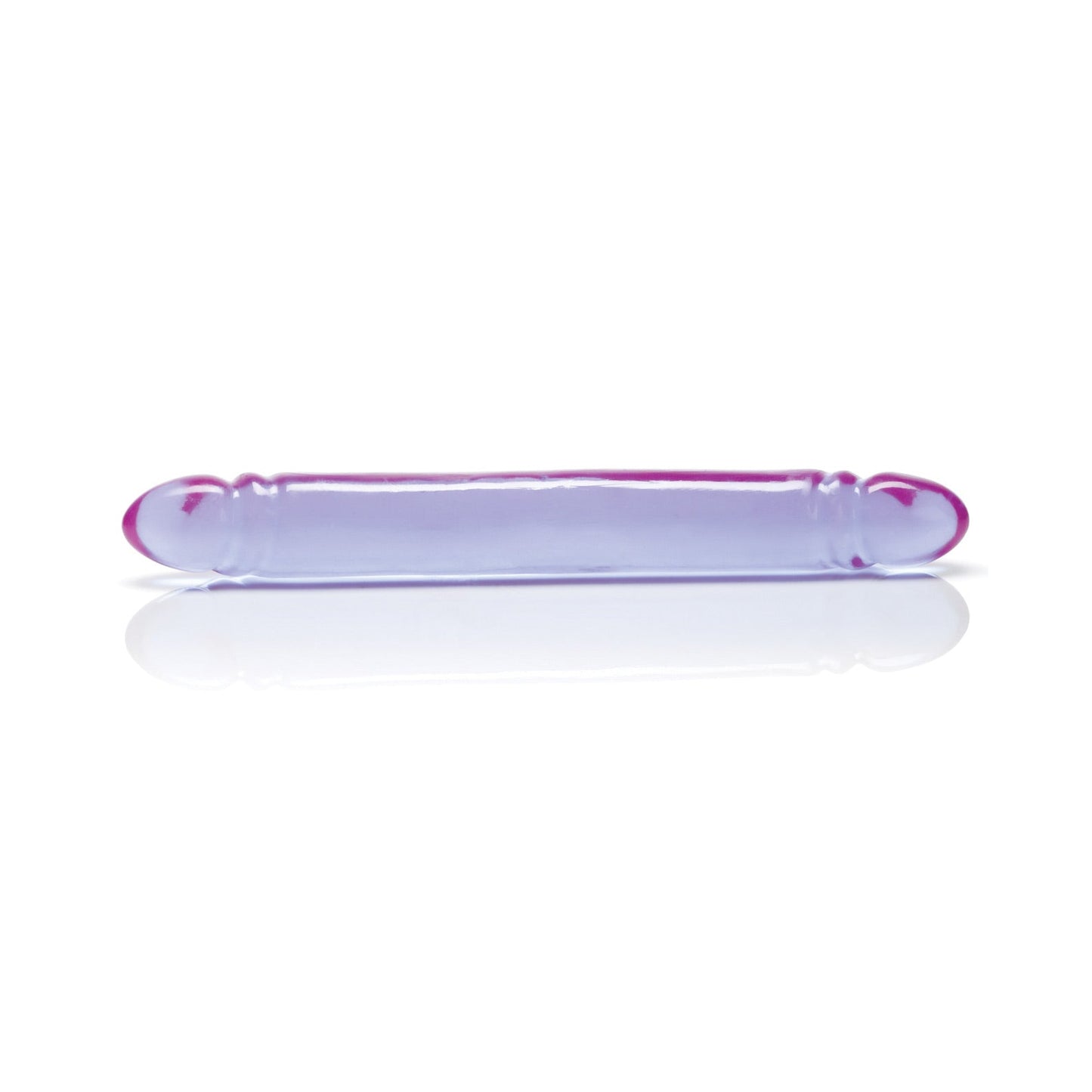 The 12 Reflective Gel Smooth Double Dong by California Exotic Novelties, a shiny translucent purple glass object with rounded ends, lies seamlessly against a white background, casting a subtle reflection.
