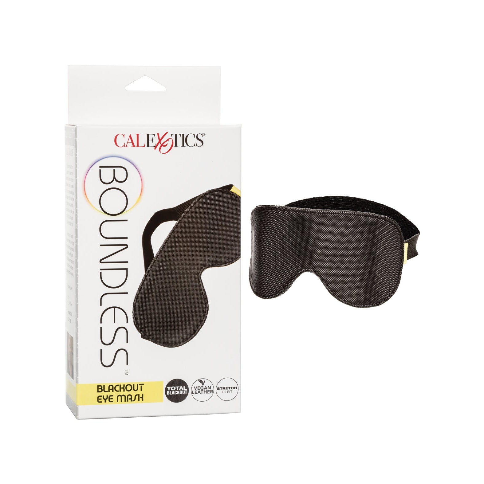 The Boundless Blackout Eye Mask by California Exotic Novelties, shown beside its packaging, offers a black vegan-leather design with features like total blackout and breathable. It includes an adjustable strap for ideal sensory deprivation.
