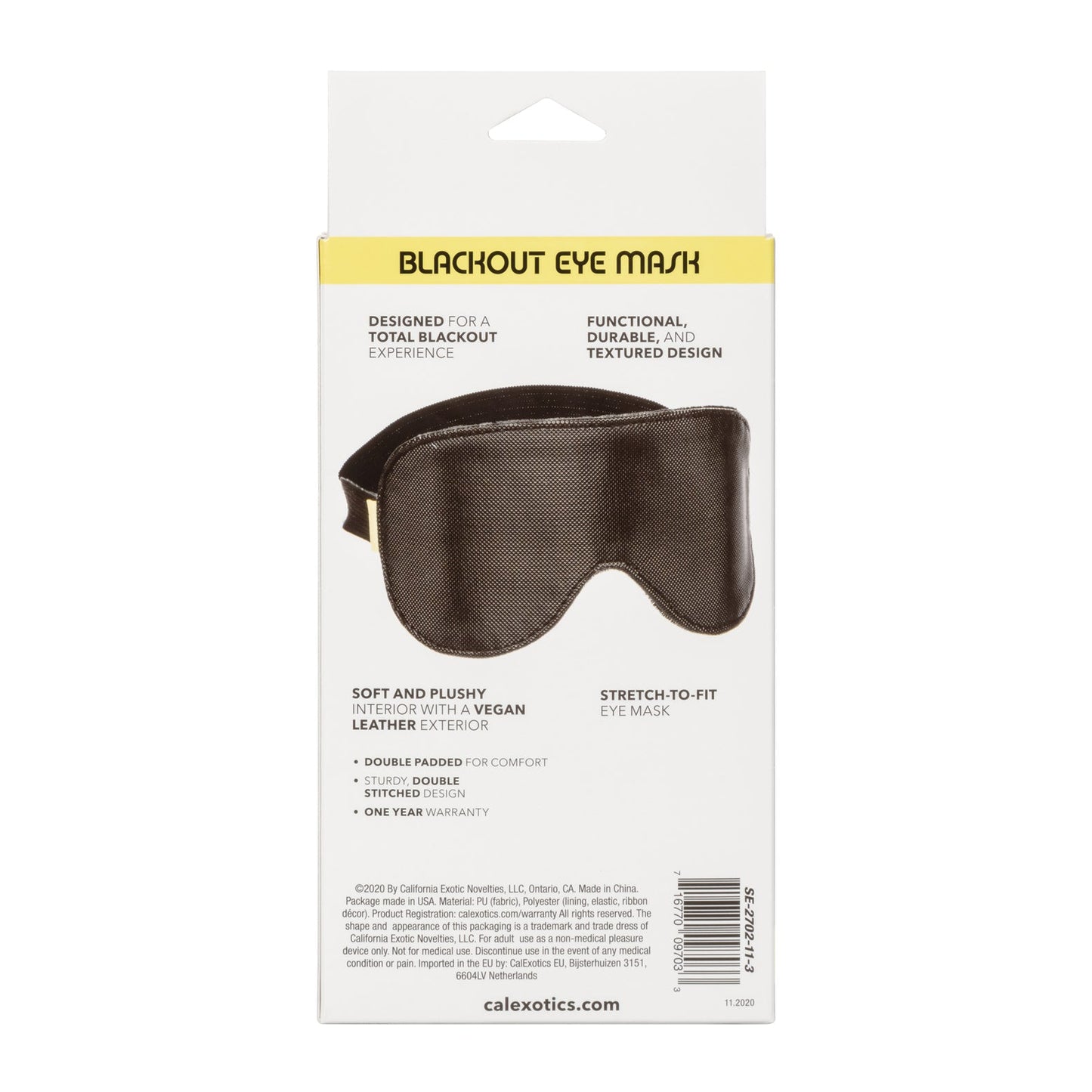 The Boundless Blackout Eye Mask by California Exotic Novelties has a brown textured vegan-leather design. It offers sensory deprivation with stretch-to-fit double padding and includes a one-year warranty.