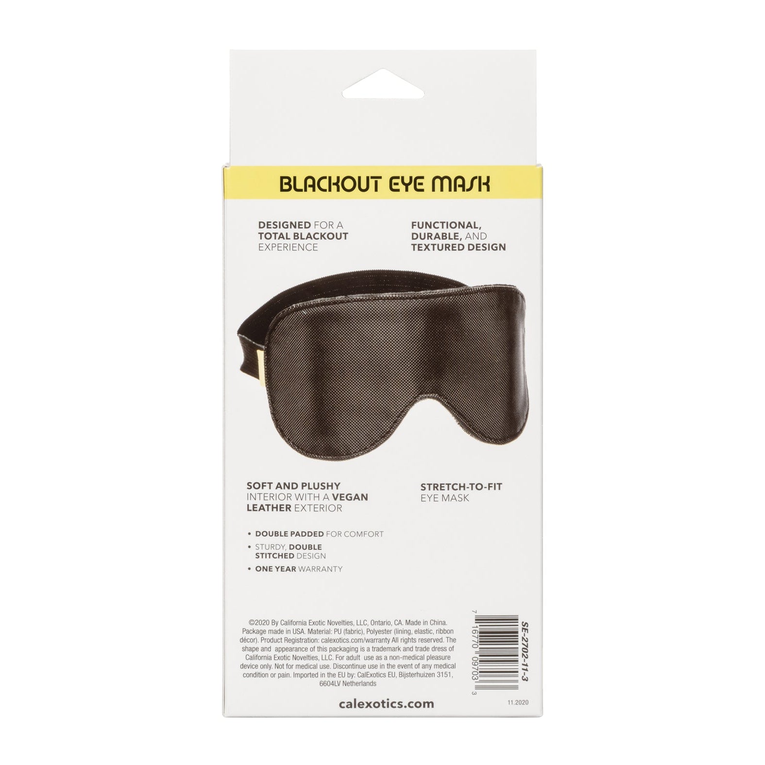 The Boundless Blackout Eye Mask by California Exotic Novelties has a brown textured vegan-leather design. It offers sensory deprivation with stretch-to-fit double padding and includes a one-year warranty.