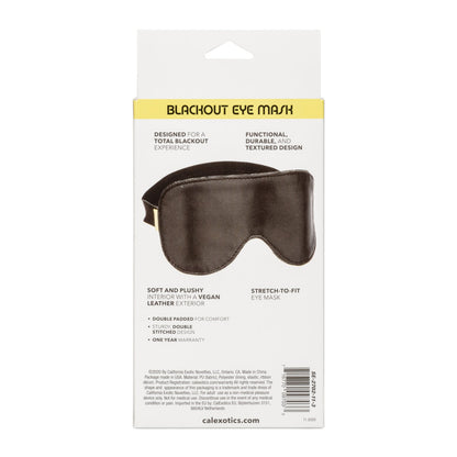 The Boundless Blackout Eye Mask by California Exotic Novelties has a brown textured vegan-leather design. It offers sensory deprivation with stretch-to-fit double padding and includes a one-year warranty.
