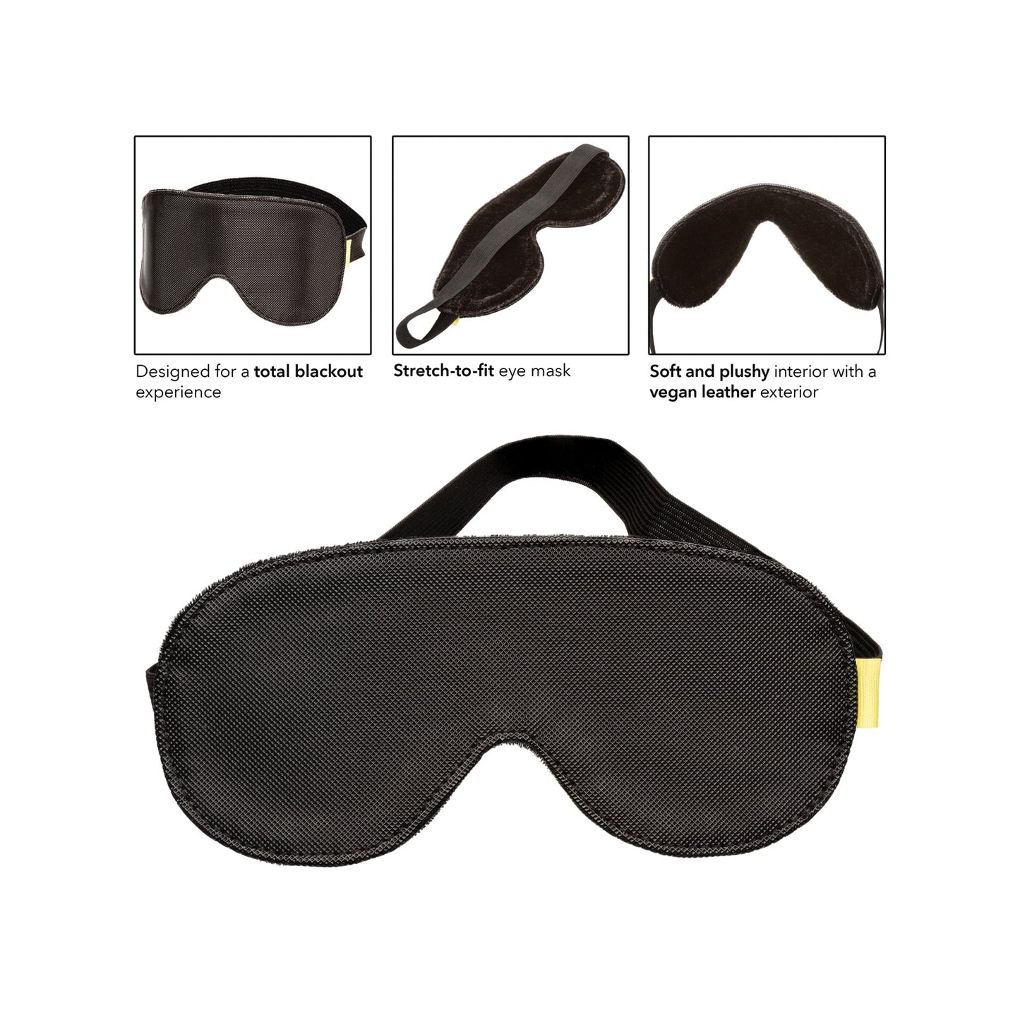 The Boundless Blackout Eye Mask by California Exotic Novelties is shown in images highlighting its features: total sensory deprivation, stretch-to-fit design, and a soft plush interior with a vegan-leather exterior.
