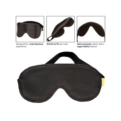The Boundless Blackout Eye Mask by California Exotic Novelties is shown in images highlighting its features: total sensory deprivation, stretch-to-fit design, and a soft plush interior with a vegan-leather exterior.