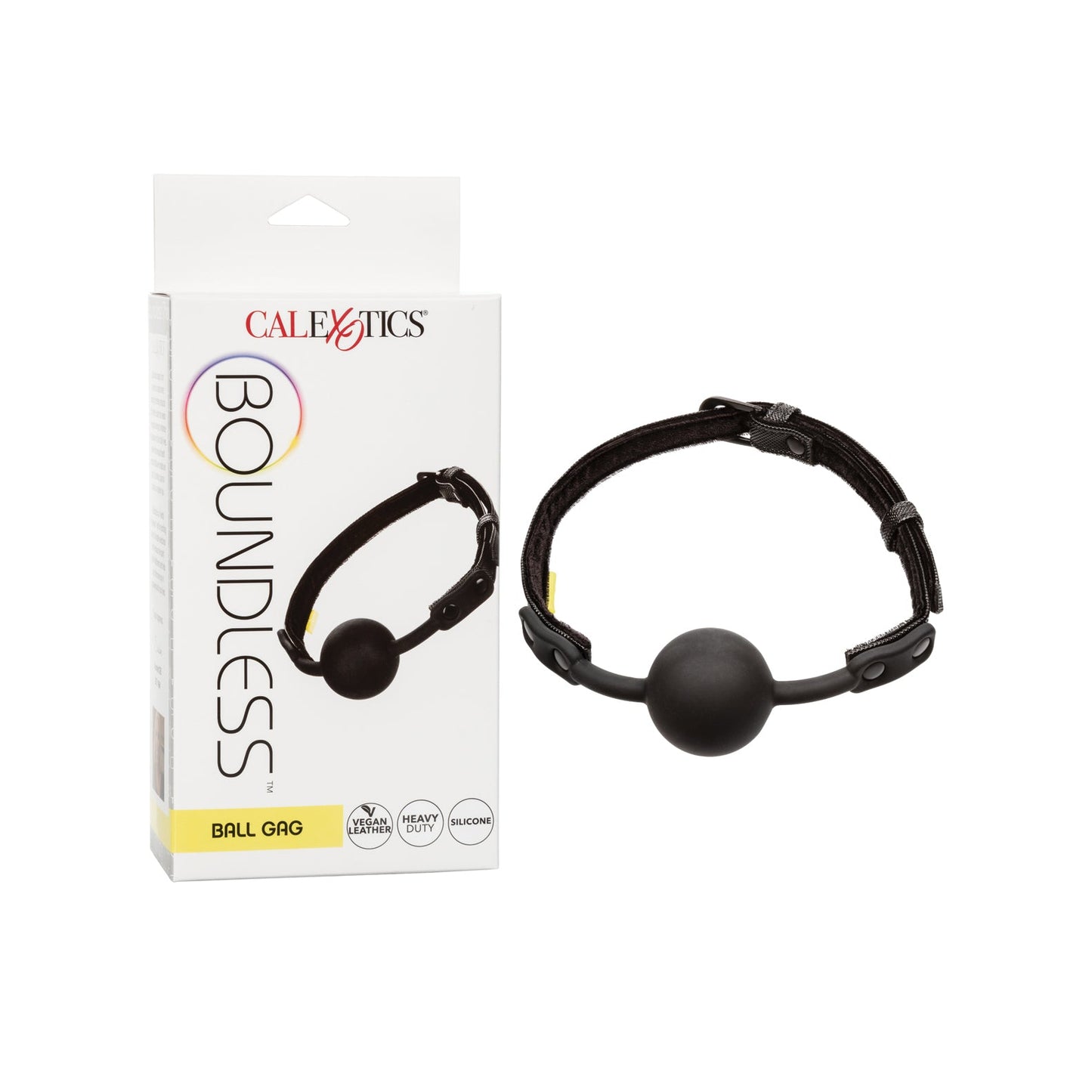 The packaging features a black ball gag with an adjustable strap made from vegan leather. The box highlights the brand Spartacus and the product name Boundless Ball Gag, a versatile item popular in many gay sex toy collections.