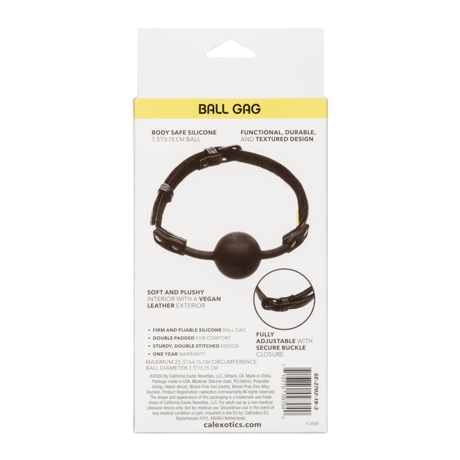 The packaging for Boundless Ball Gag by Spartacus features a black silicone ball with an adjustable strap, designed as a premium gay sex toy. It emphasizes its body-safe silicone, vegan leather exterior, comfort padding, and secure buckle closure. Product details and brand info are included at the bottom.