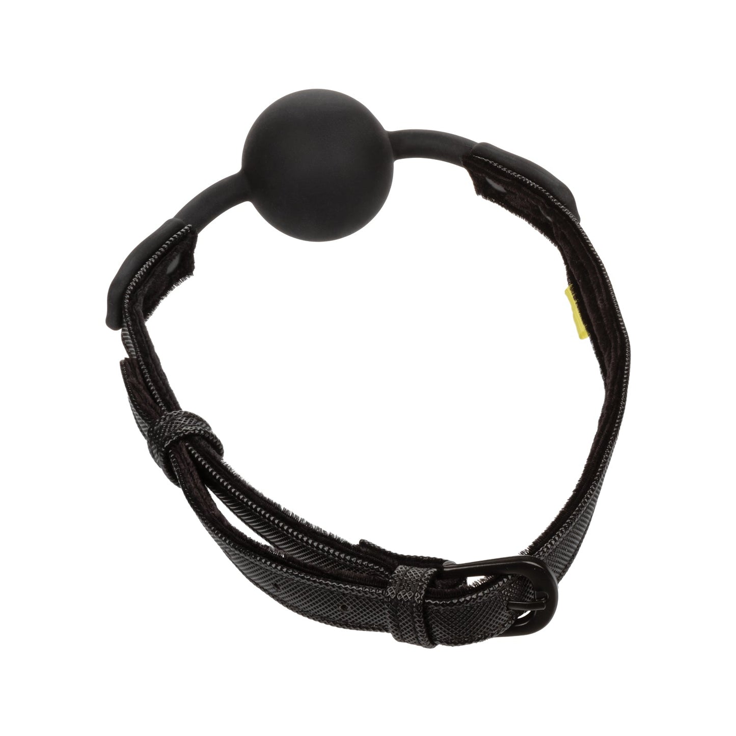 The Boundless Ball Gag by Spartacus is showcased against a white backdrop, featuring a black vegan leather design with an adjustable strap and buckle closure. It includes a smooth round ball attached to a durable, textured strap.