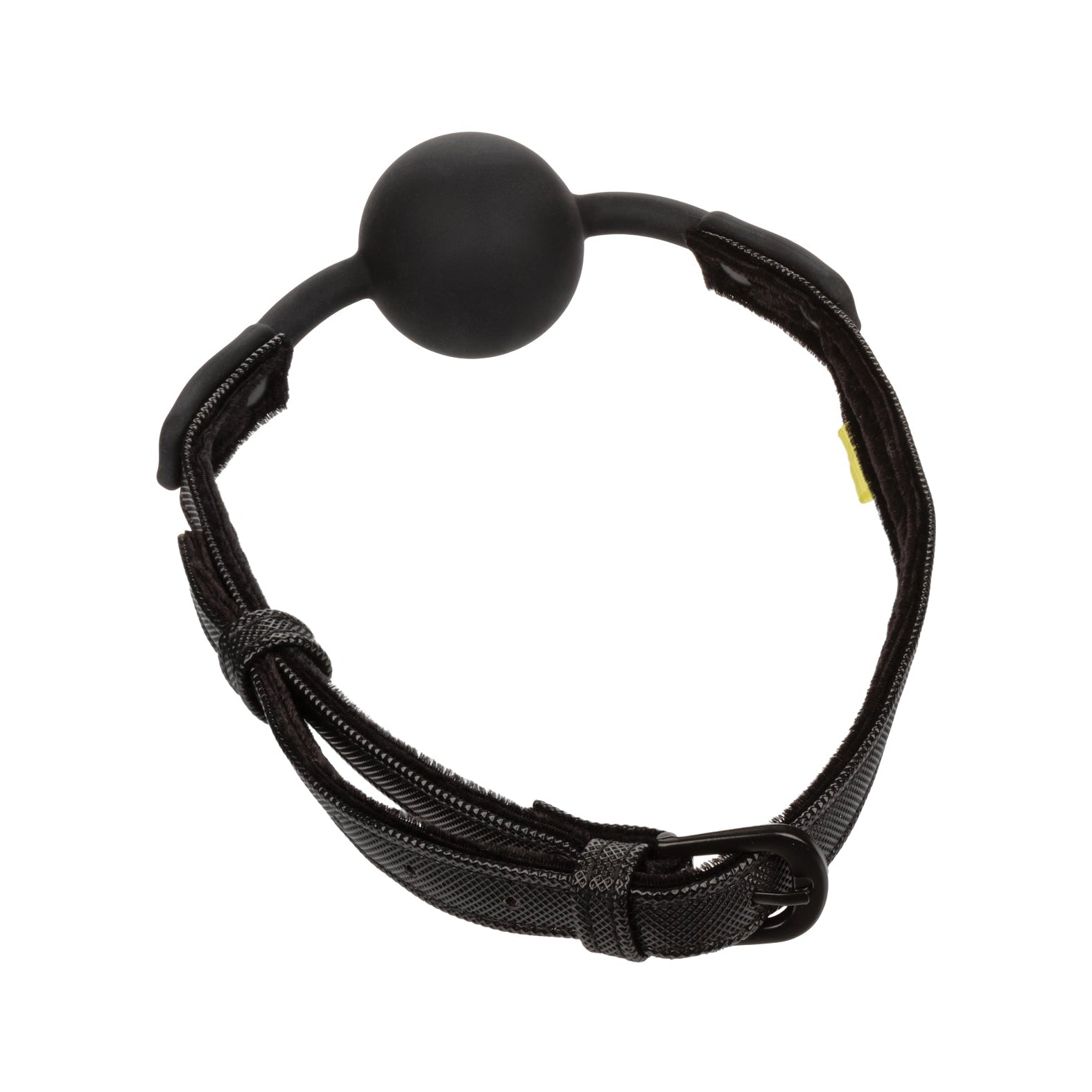 The Boundless Ball Gag by Spartacus is showcased against a white backdrop, featuring a black vegan leather design with an adjustable strap and buckle closure. It includes a smooth round ball attached to a durable, textured strap.