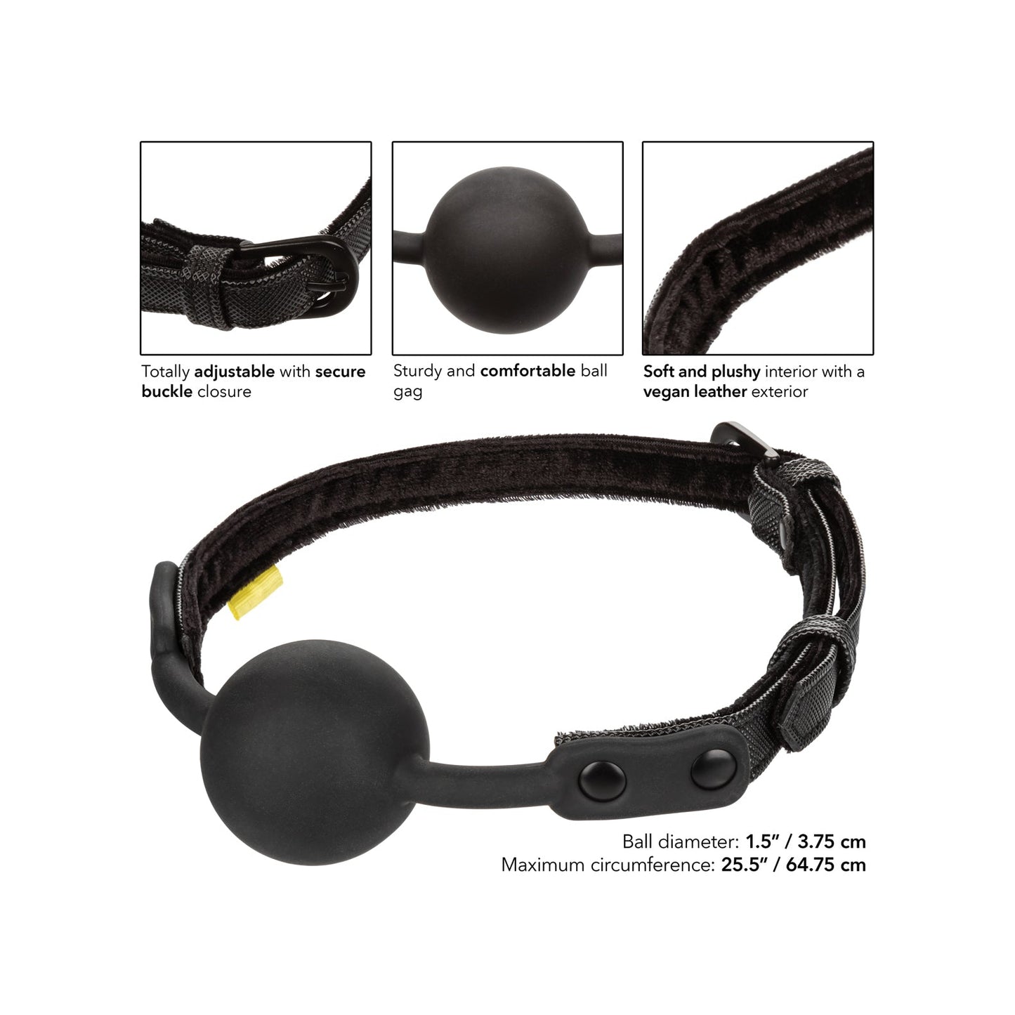The Boundless Ball Gag by Spartacus is ideal for those exploring gay sex toys. It features a 1.5-inch soft interior ball with a vegan leather exterior and an adjustable strap with buckle closure, accommodating up to a 25.5-inch circumference.