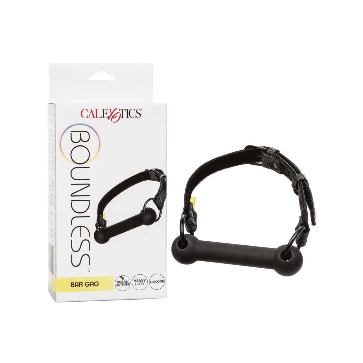 The Boundless Bar Gag by California Exotic Novelties is a tantalizing addition to your adult toy collection. It includes a black silicone bar with adjustable vegan leather straps, showcased in sleek white packaging featuring product images and branding.