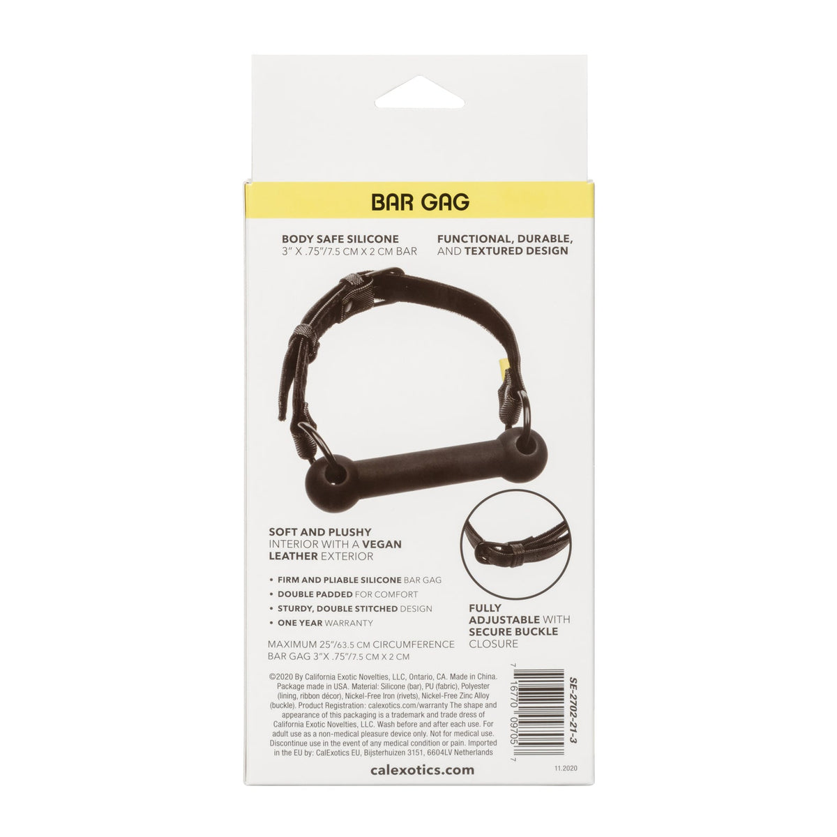 The packaging for the Boundless Bar Gag includes a product image. This adult toy, made of body-safe silicone with a vegan leather exterior, offers softness, a plush interior, and an adjustable buckle closure. The brand California Exotic Novelties is prominently displayed.