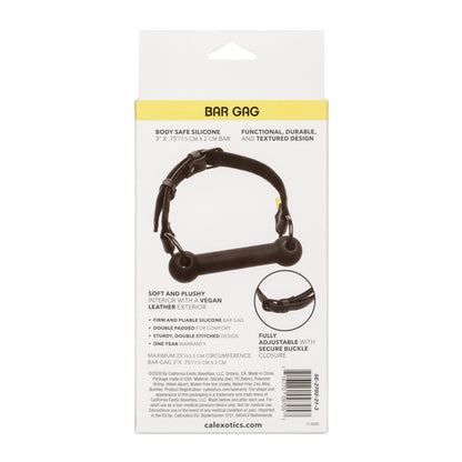 The packaging for the Boundless Bar Gag includes a product image. This adult toy, made of body-safe silicone with a vegan leather exterior, offers softness, a plush interior, and an adjustable buckle closure. The brand California Exotic Novelties is prominently displayed.