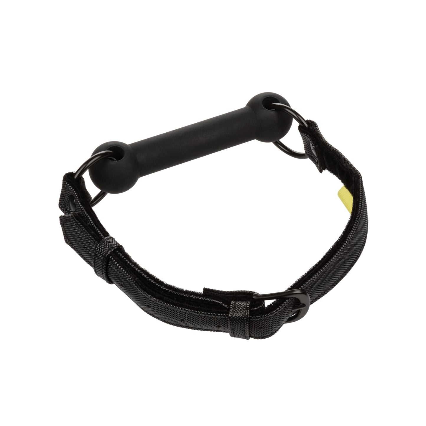 The Boundless Bar Gag by California Exotic Novelties is crafted from vegan leather, featuring a sturdy handle and adjustable straps, complete with metal rings.