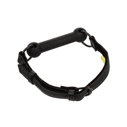 The Boundless Bar Gag by California Exotic Novelties is crafted from vegan leather, featuring a sturdy handle and adjustable straps, complete with metal rings.