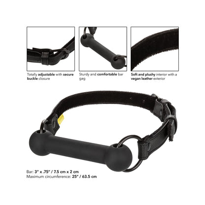 Introducing the California Exotic Novelties Boundless Bar Gag, a stylish adult toy with a comfy plush interior and vegan leather exterior. It features an adjustable buckle for a secure fit. Dimensions: Bar 3” x .75” (7.5 cm x 2 cm), max circumference 25” (63.5 cm).