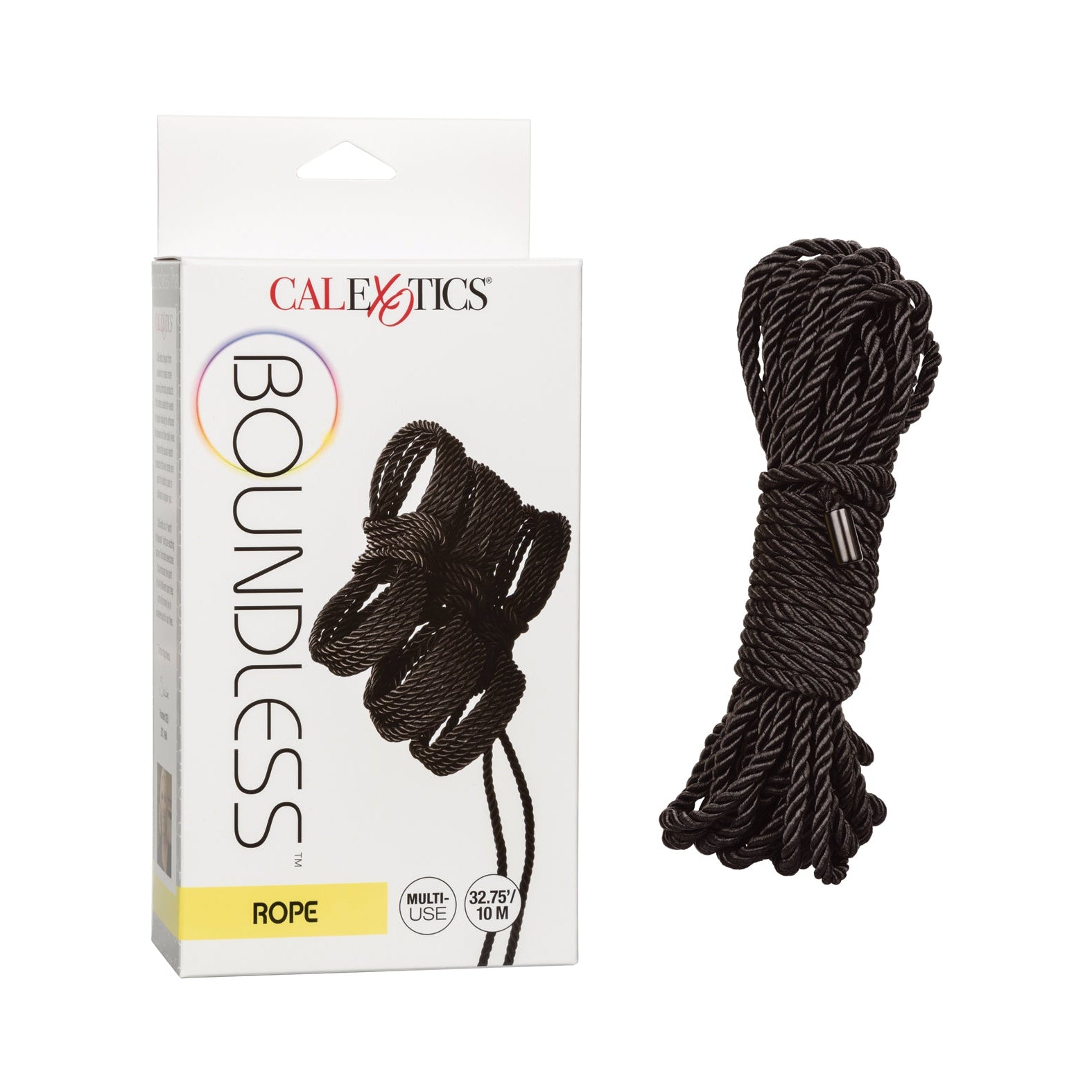 A coiled bundle of black Boundless Rope is shown next to a packaging box labeled California Exotic Novelties. The box features an image and highlights its versatile, body-safe use, perfect for your adult toy collection.
