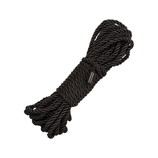 A coil of Boundless Rope by California Exotic Novelties is neatly bundled with a central band on a plain white background.