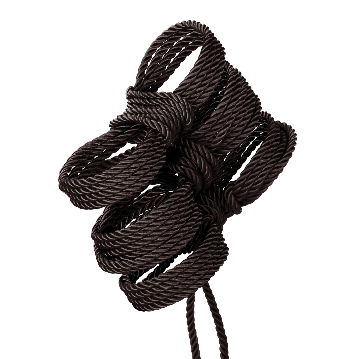 The black Boundless Rope by California Exotic Novelties lies intricately coiled and looped into an abstract shape on a plain white background, showcasing its body-safe, multi-purpose design.