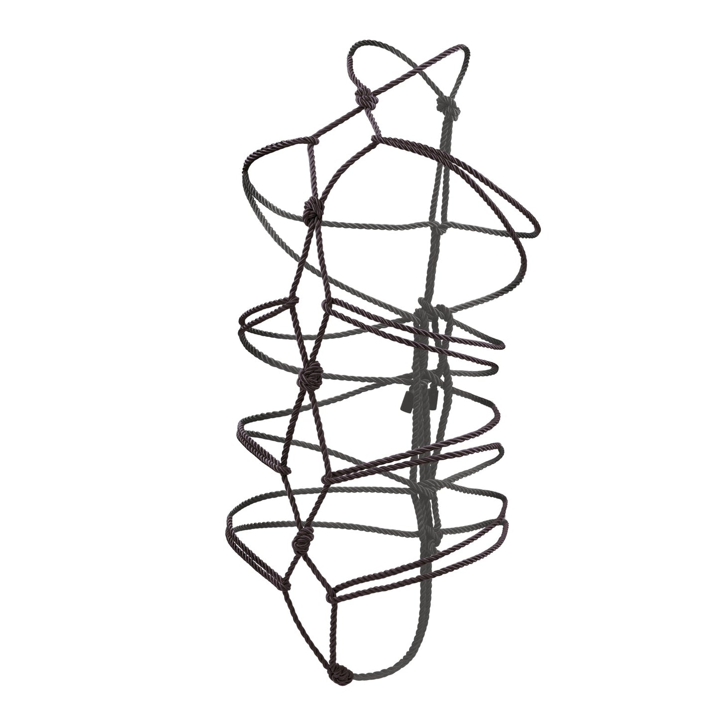 The Boundless Rope by California Exotic Novelties is a brown, coiled net structure with a spiral design, featuring interconnected loops and knots. Its open construction provides a dynamic three-dimensional appearance against a plain white background.