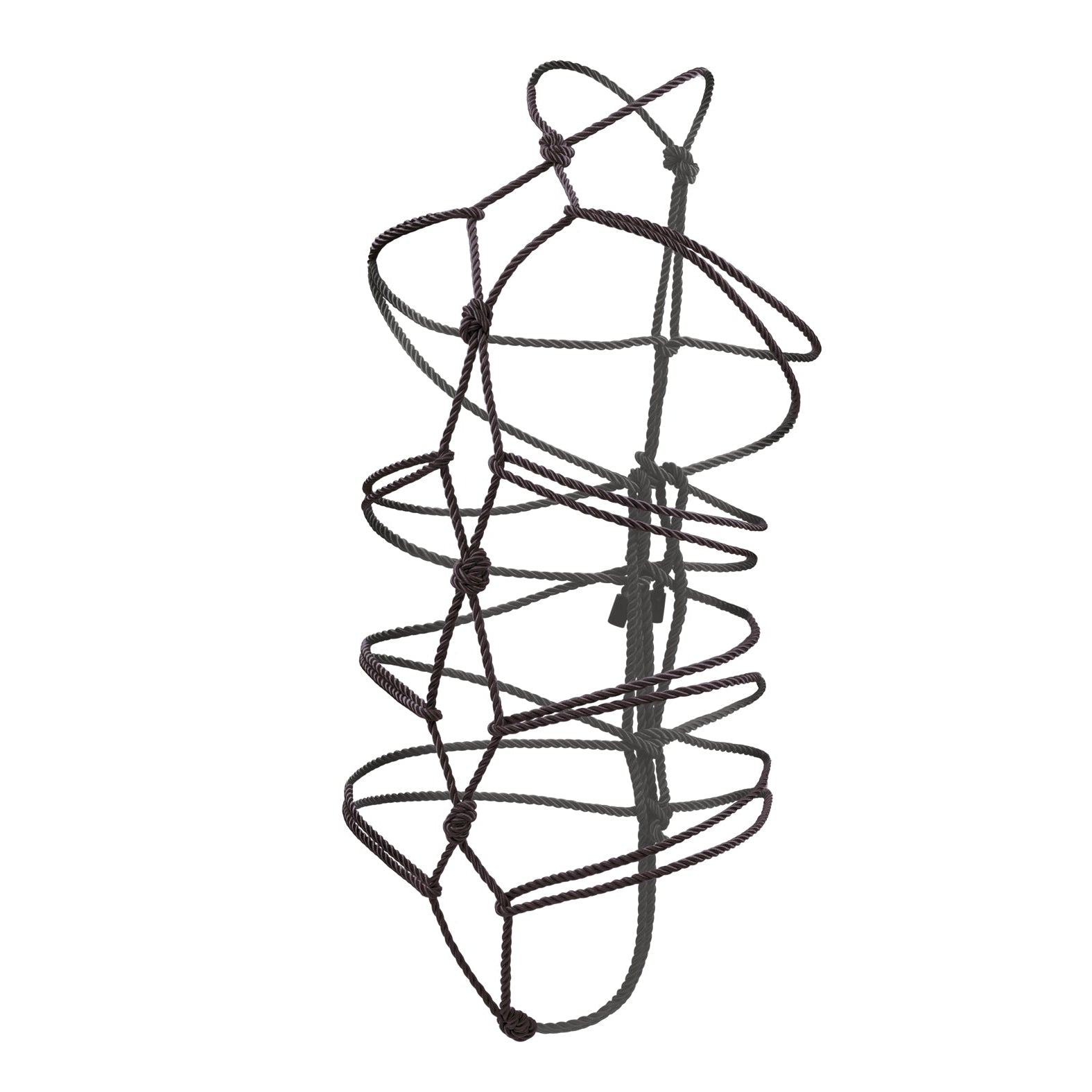 The Boundless Rope by California Exotic Novelties is a brown, coiled net structure with a spiral design, featuring interconnected loops and knots. Its open construction provides a dynamic three-dimensional appearance against a plain white background.